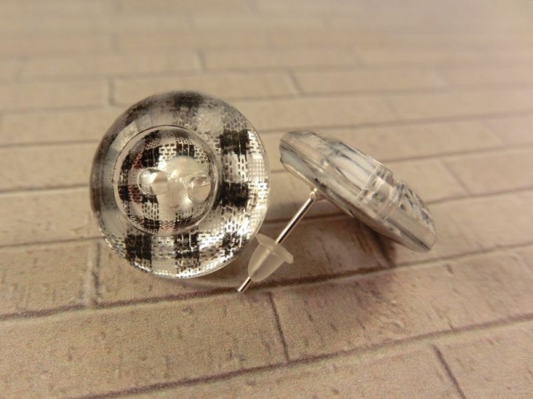 Karo Muster Knopf Ohrstecker Button schwarz weiß